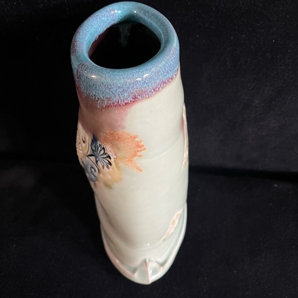 Pottery Vase CS Artisan Stamped Blue/Green/Brown 3D Floral accents. 8” H - Picture 10 of 11